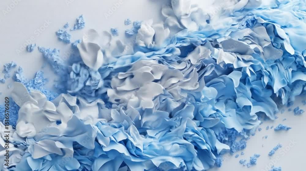 Abstract, flowing shapes of light blue and white, textured and layered, on a light background. Detailed, intricate patterns of soft, sculpted forms