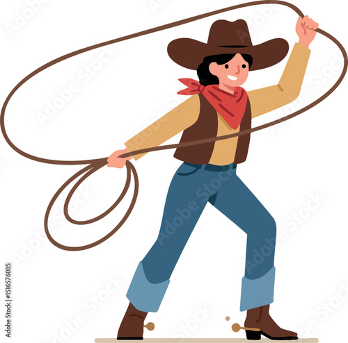 Cowboy character with lasso rope wearing hat boots and scarf vector illustration 