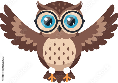 Cute owl with glasses cartoon character spreading wings vector illustration 