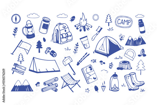 Hand-drawn camping and hiking doodle icons. tent, backpack, boots, map, compass, lantern, gear, and outdoor elements for adventure designs