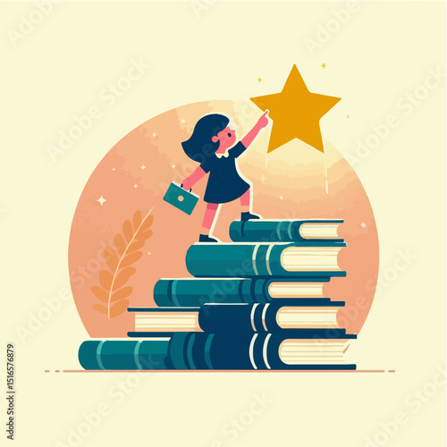 Flat vector of a child stacking books to reach a star, symbolic, minimalist style