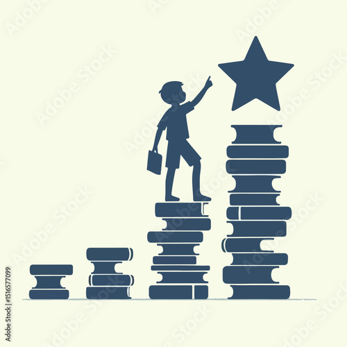 Flat vector of a child stacking books to reach a star, symbolic, minimalist style