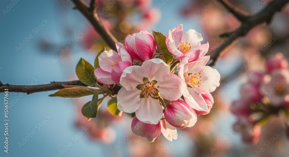 Delicate pink blossoms cluster on a branch, backlit by soft sunlight against a blurred sky Delicate pink blossoms cluster on a branch, backlit by soft sunlight against a blurred sky