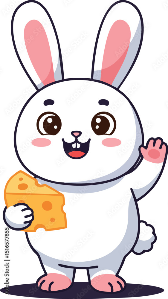 Fototapeta premium Cute white bunny holding piece of cheese waving paw cartoon vector illustration 