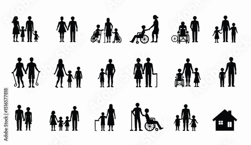 Diverse Family Silhouettes: Inclusion, Generations, Disability, and Love in Minimalist Black and White Design.