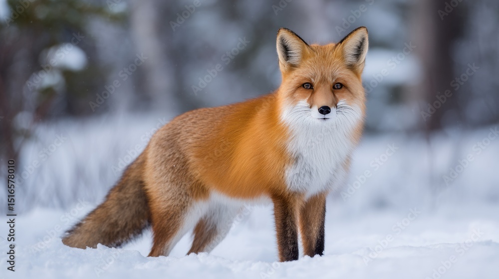 Alert red fox standing in snowy winter forest with vibrant contrasting fur markings Alert red fox standing in snowy winter forest with vibrant contrasting fur markings