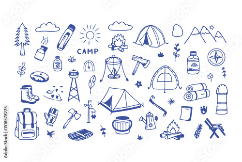 Hand-drawn camping and hiking doodle icons. tent, backpack, boots, map, compass, lantern, gear, and outdoor elements for adventure designs