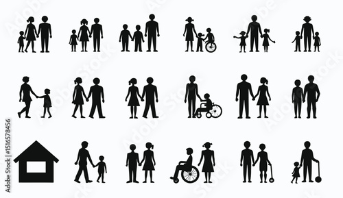 Black Silhouette Icons of Diverse Families and House on White Background Vector Illustration