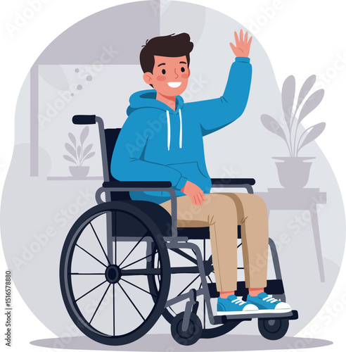 Young man in wheelchair waving hand inside home environment vector illustration 