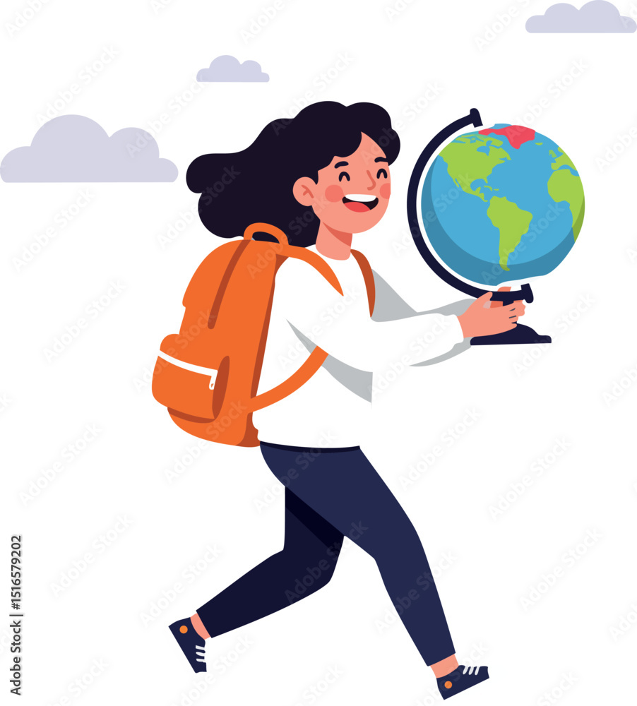 Fototapeta premium Girl Student Holding Globe Walking with Backpack Educational Travel Concept Vector Illustration 