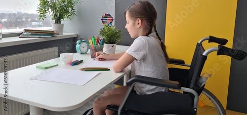 Foto Young Girl Sitting in Wheelchair at Desk