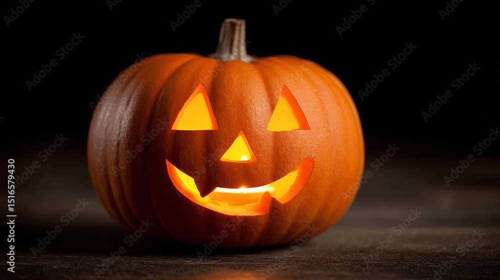 Closeup of carved Halloween pumpkin with glowing candle inside in a dark setting Closeup of carved Halloween pumpkin with glowing candle inside in a dark setting