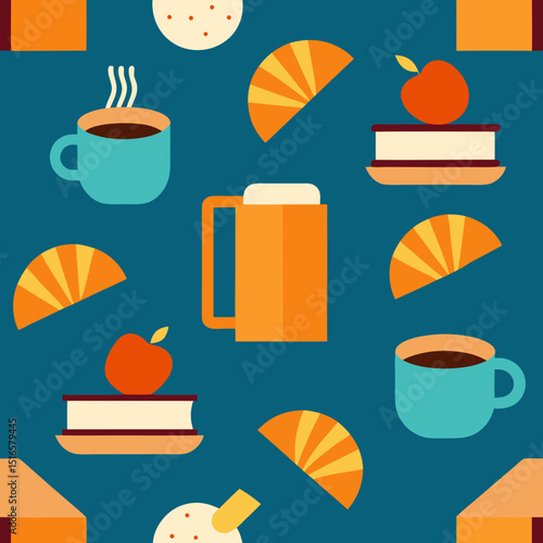 seamless caf  pattern   coffee mugs  croissants 