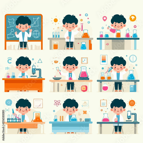 Flat vector of a kid doing a science experiment, minimalist lab setting, bright colors