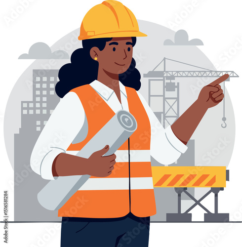 Female Construction Engineer Wearing Helmet and Safety Vest Holding Blueprint at Building Site Vector Illustration 