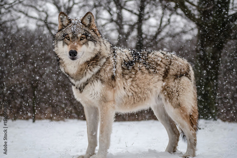 Naklejka premium Wolf portrait in falling snow conditions