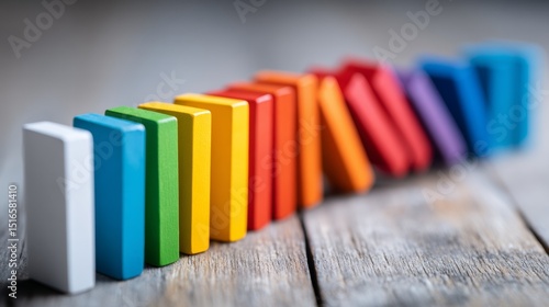 Multi colored symbol covered domino sequence initiating a chain reaction representing market dynamics visualization