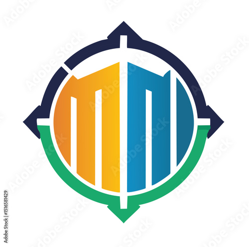 Vector Icon of Interwoven MM Letter Monogram in 3D Block Style with Angular Compass Points and Clean Digital Matte Finish