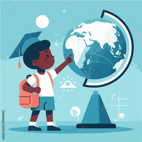 Minimalist flat vector of a child pointing at a globe, symbolizing world education