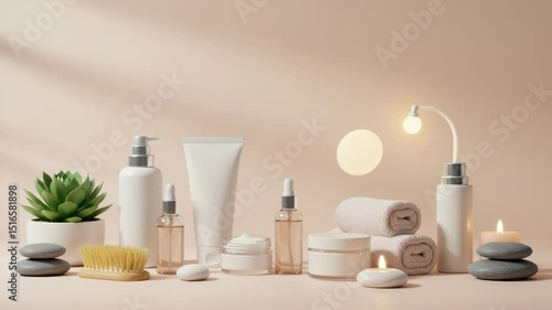 Elegant spa and wellness product arrangement for relaxation and skincare promotions