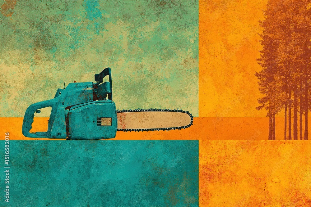 Naklejka premium Chainsaw resting on a colorful background with silhouettes of trees at sunset