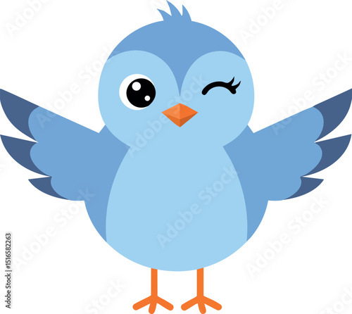 Cute blue bird cartoon winking with spread wings vector illustration design