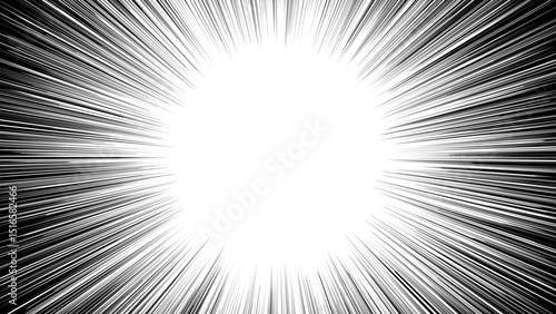 Black-and-white concentrated line background. Japanese manga-like concentrated line background. Light like sunlight.