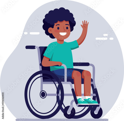 Boy sitting in wheelchair waving hand happily smiling in casual clothes vector illustration 