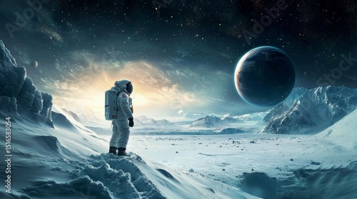 Astronaut on Icy Exoplanet Digital Painting, Space Exploration, Alien Landscape, Solitary Figure, Sci-Fi Art Space exploration, Exoplanet