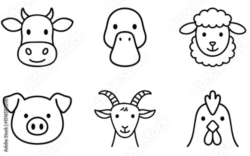 Minimal Farm Animal Outline Icons – Cow, Pig, Hen, Sheep, Goat, Goose in Hand Drawn Line Art Style