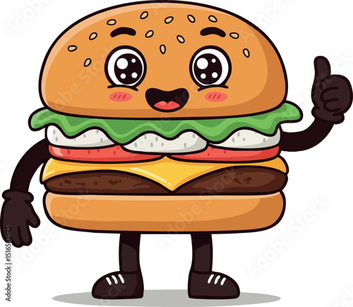Cute happy hamburger cartoon character giving thumbs up vector illustration 