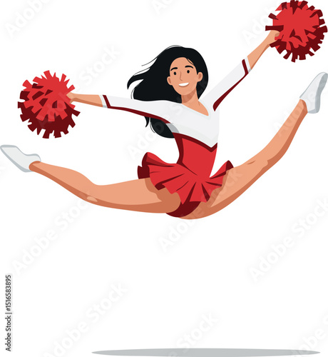 Cheerleader jumping high with red pom poms in dynamic action vector illustration 