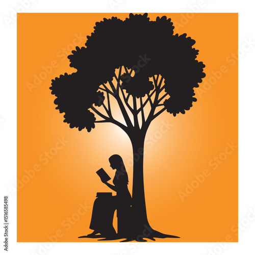 Silhouette of a woman reading a book leaning against a tree in orange background