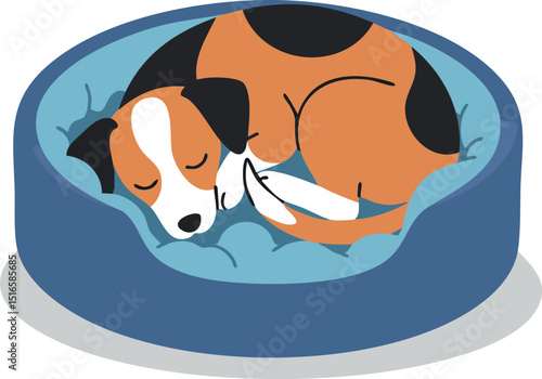 Sleeping dog curled up in blue pet bed vector illustration in cozy resting position 