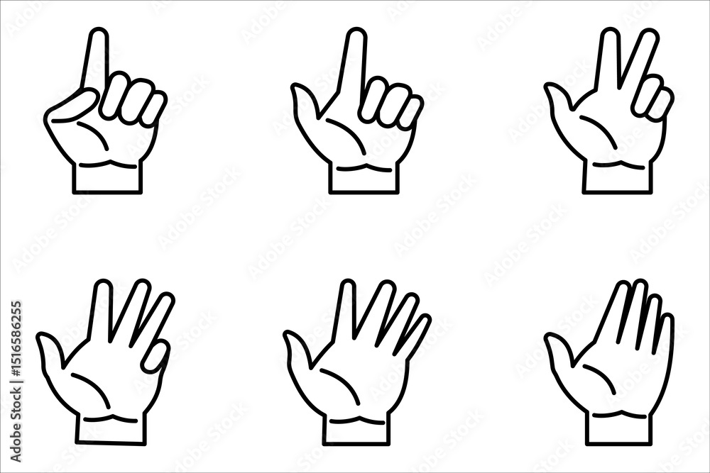 Fototapeta premium Set of hand gestures linear icons, vector illustration on white background.