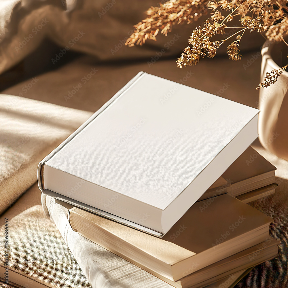 Fototapeta premium Cozy back-to-school mockup with stacked books and notebooks, bathed in soft natural light. Education, diary, daily planner or study-themed projects. 