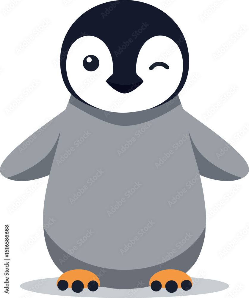 Obraz premium Cute winking penguin chick illustration with black and grey colors in cartoon style 