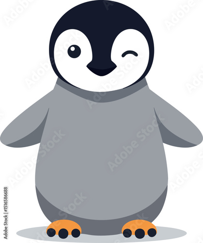 Cute winking penguin chick illustration with black and grey colors in cartoon style 