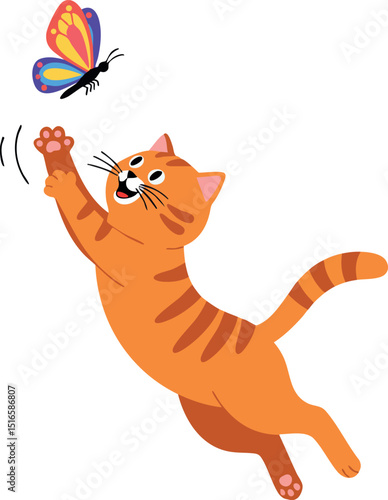 Orange tabby cat jumping playing with colorful butterfly vector illustration 
