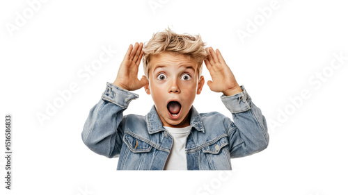 Amazed Blond Boy in Denim Jacket with Hands on Head