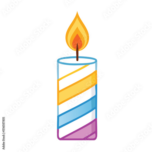 Vector graphic of a modern white and blue striped candle with a burning flame and teal outline, shown frontally on a plain white background with no shadows