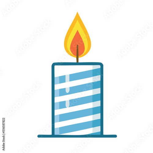 Vector illustration of a single stylized lit candle with diagonal light blue stripes, yellow-orange flame, and teal base on white background in minimalist flat design style

