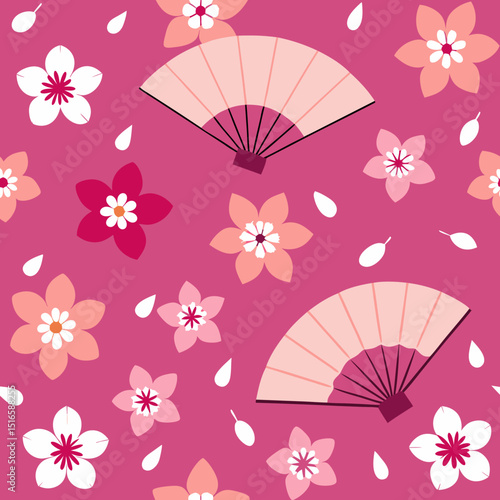 seamless japanese sakura and fan pattern   