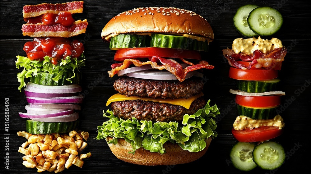 Deconstructed Double Cheeseburger Composition, Ingredients, Food Photography, Burger Recipe, Fast Food. Burger, Photography Deconstructed Double Cheeseburger Composition, Ingredients, Food Photography, Burger Recipe, Fast Food. Burger, Photography