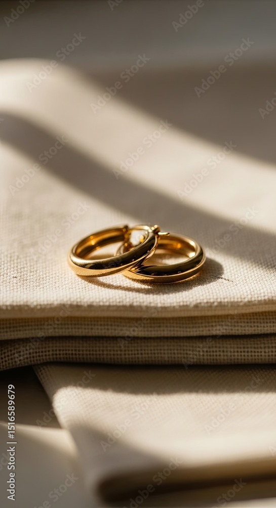 Close-up of gold hoop earrings on folded beige fabric illuminated by soft natural light creating shadows. Focus on jewelry texture and the play of light and shadow. Close-up of gold hoop earrings on folded beige fabric illuminated by soft natural light creating shadows. Focus on jewelry texture and the play of light and shadow.