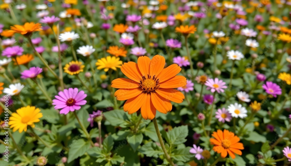 Obraz premium a vibrant garden filled with a variety of flowers. the majority of the flowers are orange, creating a warm and inviting atmosphere