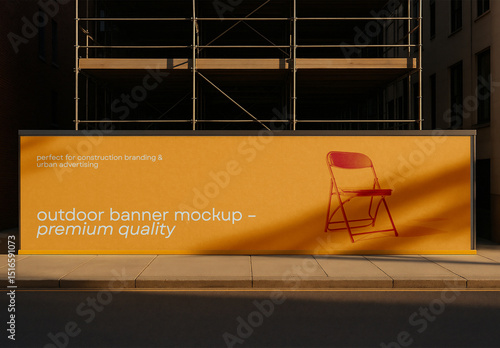 Outdoor Banner Mockup – Large Format Construction Site Display with Realistic Shadow and Sunset Lighting for Urban Advertising