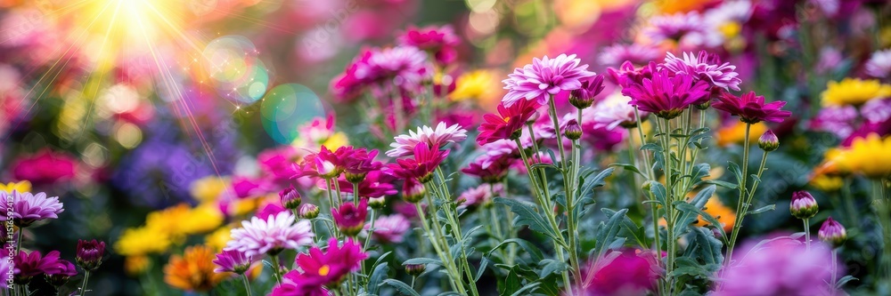 Fototapeta premium A vibrant, dreamy photograph captures a field of magenta chrysanthemums and other colorful flowers bathed in warm sunlight, creating a soft, ethereal atmosphere.