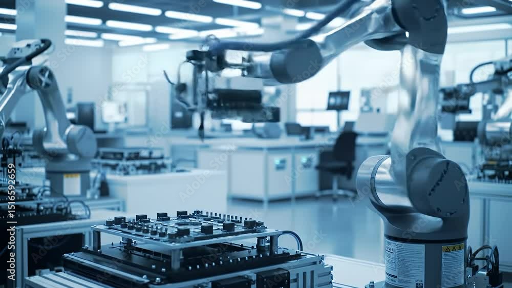Automated Robotic Arm Assembling Circuit Board in Modern Factory Automated Robotic Arm Assembling Circuit Board in Modern Factory