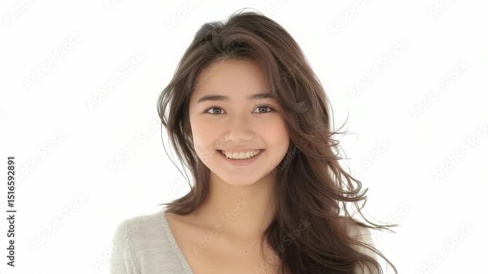 Portrait of a smiling young woman with long brown hair on a white background Portrait of a smiling young woman with long brown hair on a white background